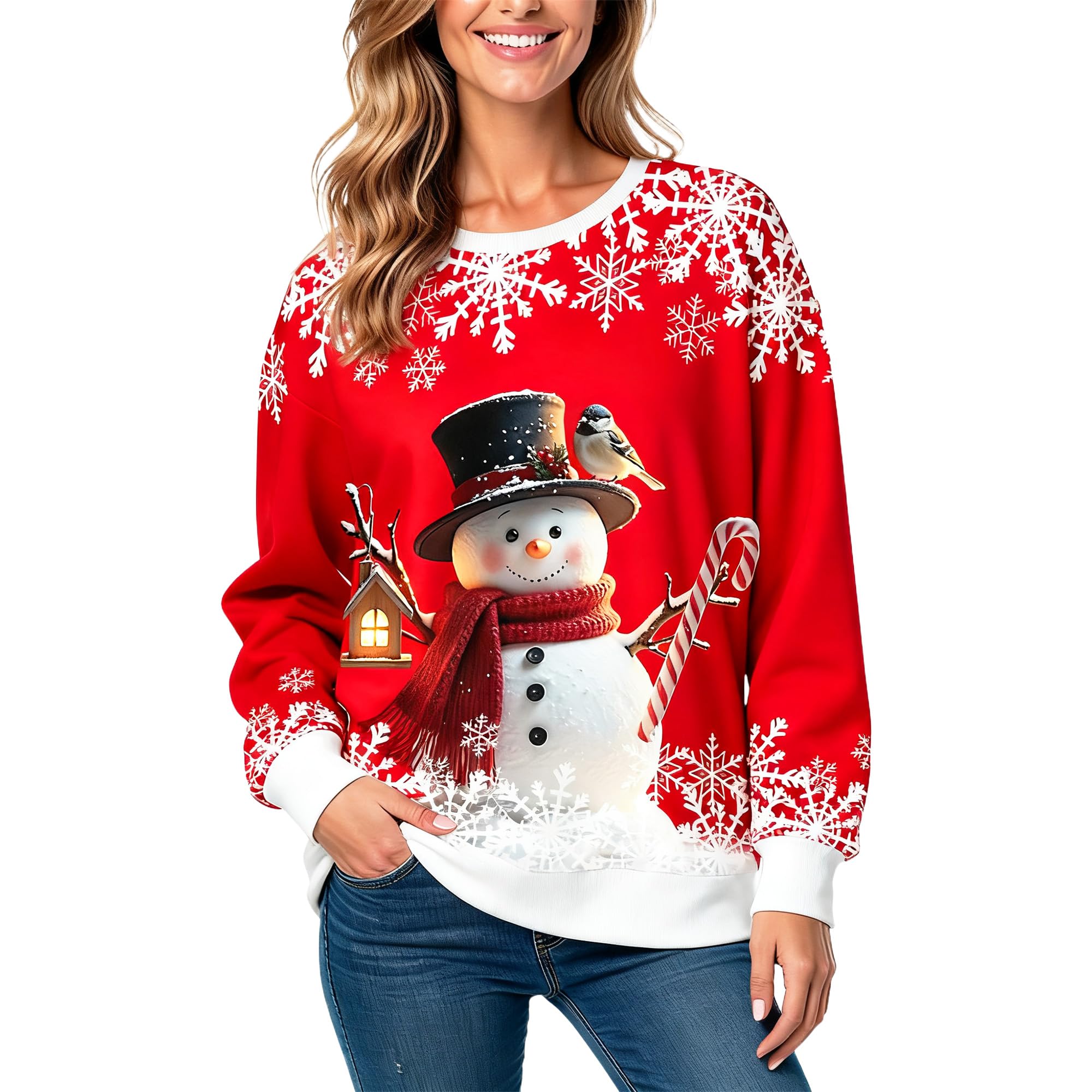 NXCNXC Christmas Sweatshirts for Women:Funny Snowman Printing Xmas Holiday Crewneck Long Sleeve Pullover Top Red