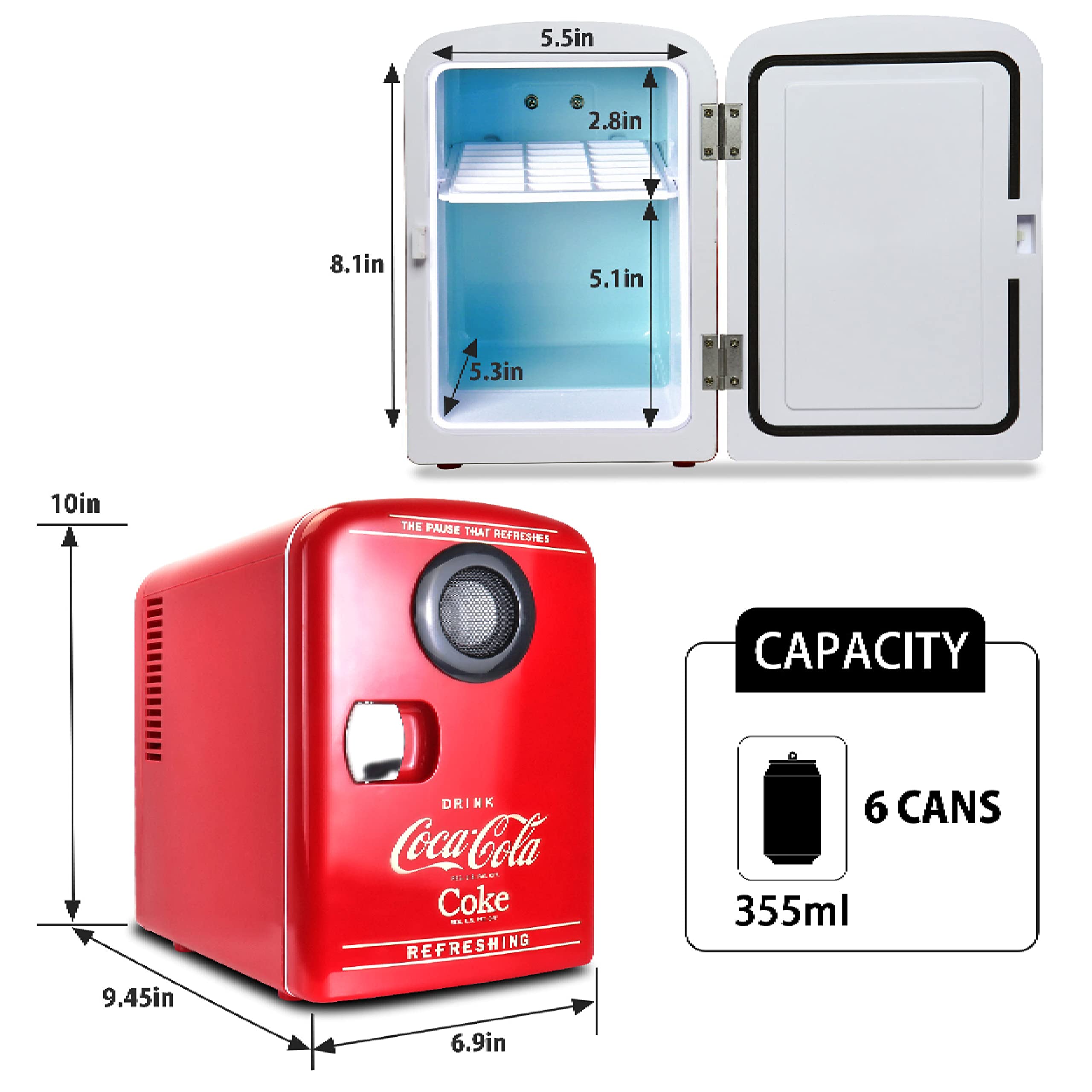 Koolatron Mini Fridge Bluetooth - Portable Small Cooler for Bedroom Office Makeup Compact Beverage Chiller for Drink Soda Wine Use In Car Dorm Patio 6 Can