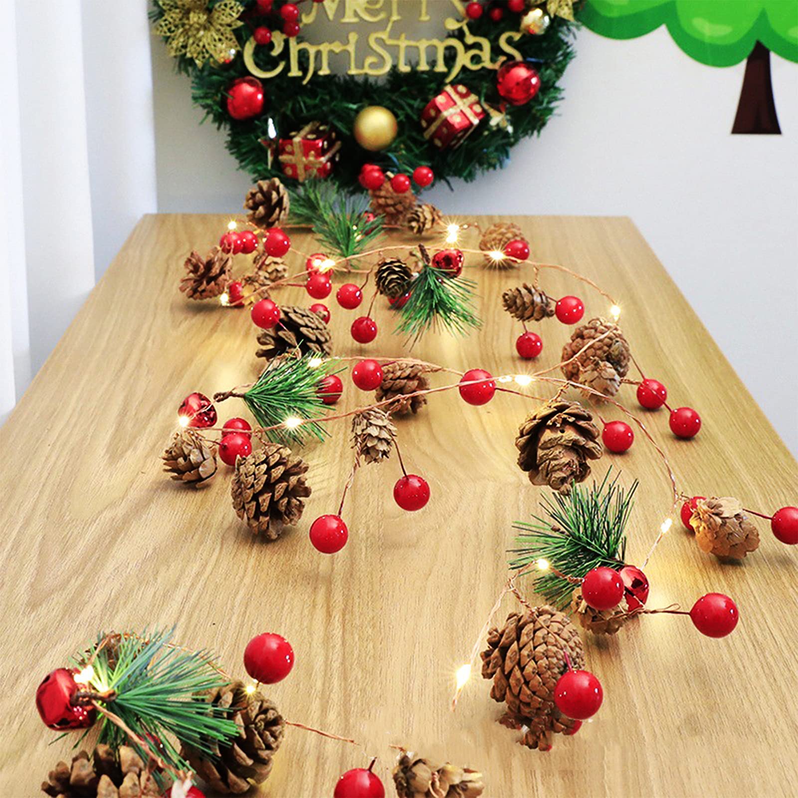 KINMRIS Christmas Garland With Lights 6.5FT Christmas String Lights Pine Cones Red Berry Pine Needle Tree Party Stairs,xmas decorations for indoors