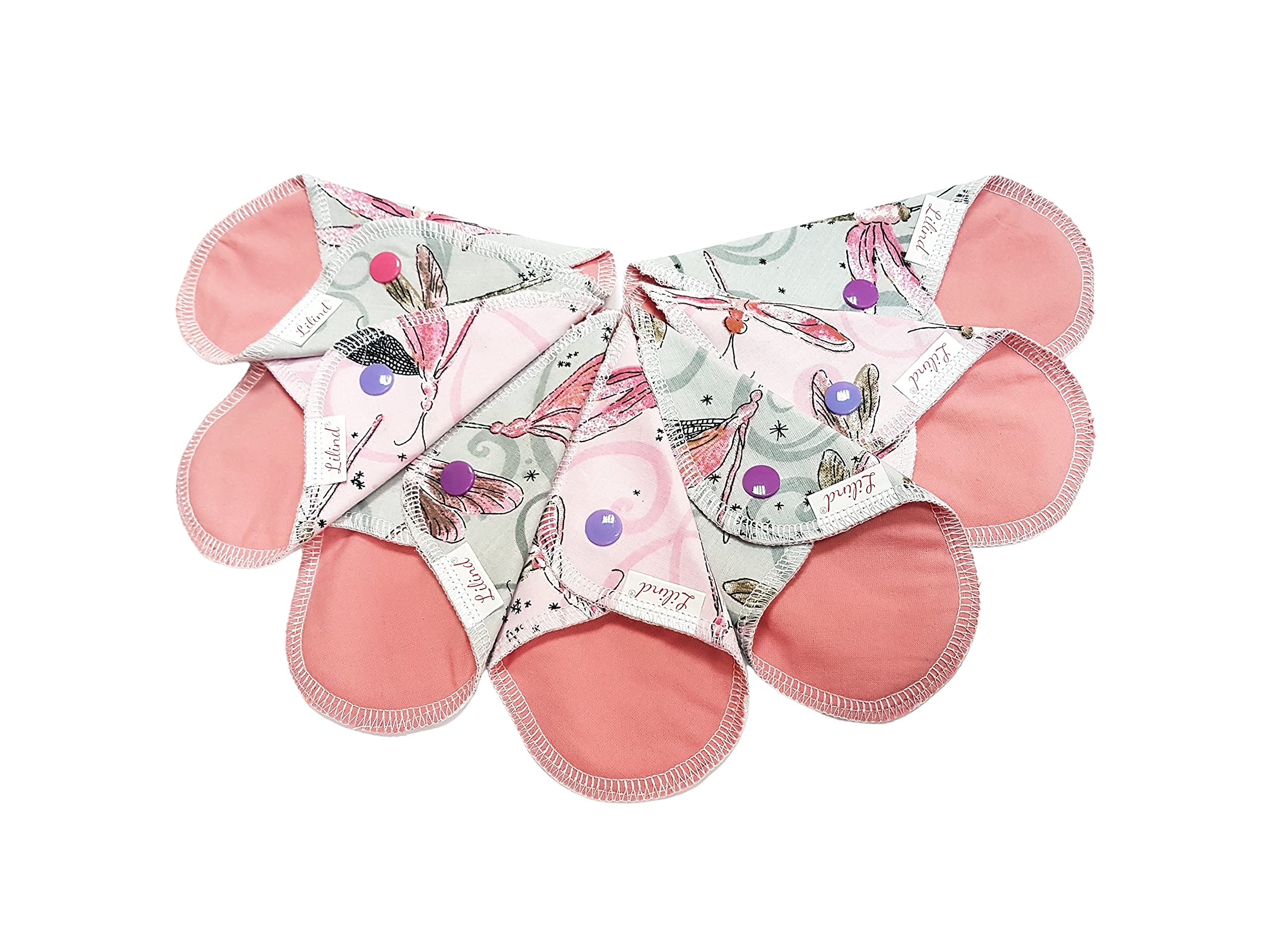 7 Pack Thong Pantyliners, Reusable Organic Cloth, Extra-Thin, Washable Pads, Zero Waste, 100% Cotton, Rose Dragonfly