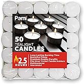 PAMI Premium 50 Pack Long-Lasting Tealight Candles - Unscented with 2.5 Hours Burning Time- Paraffin Tealights with Beautiful Flame- Round Candles Perfect for Votive Candle Holders