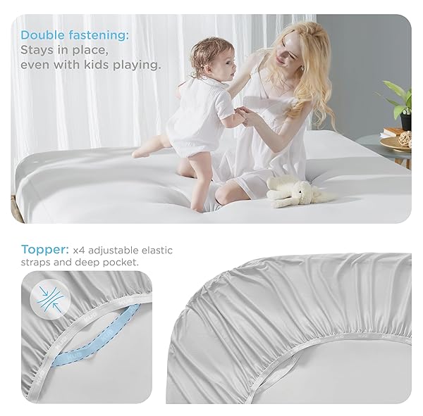 KUB MATTRESS TOPPER&COOLING MATTRESS PROTECTOR BED FITTED SHEET SET, DEEP POCKET&4 ELASTIC BANDS, TRIPLE ANTI-SLIP, BACK PAIN RELIEF, BREATHABLE SOFT 2 INCH MATTRESS PAD COVER (WHITE, TWIN)