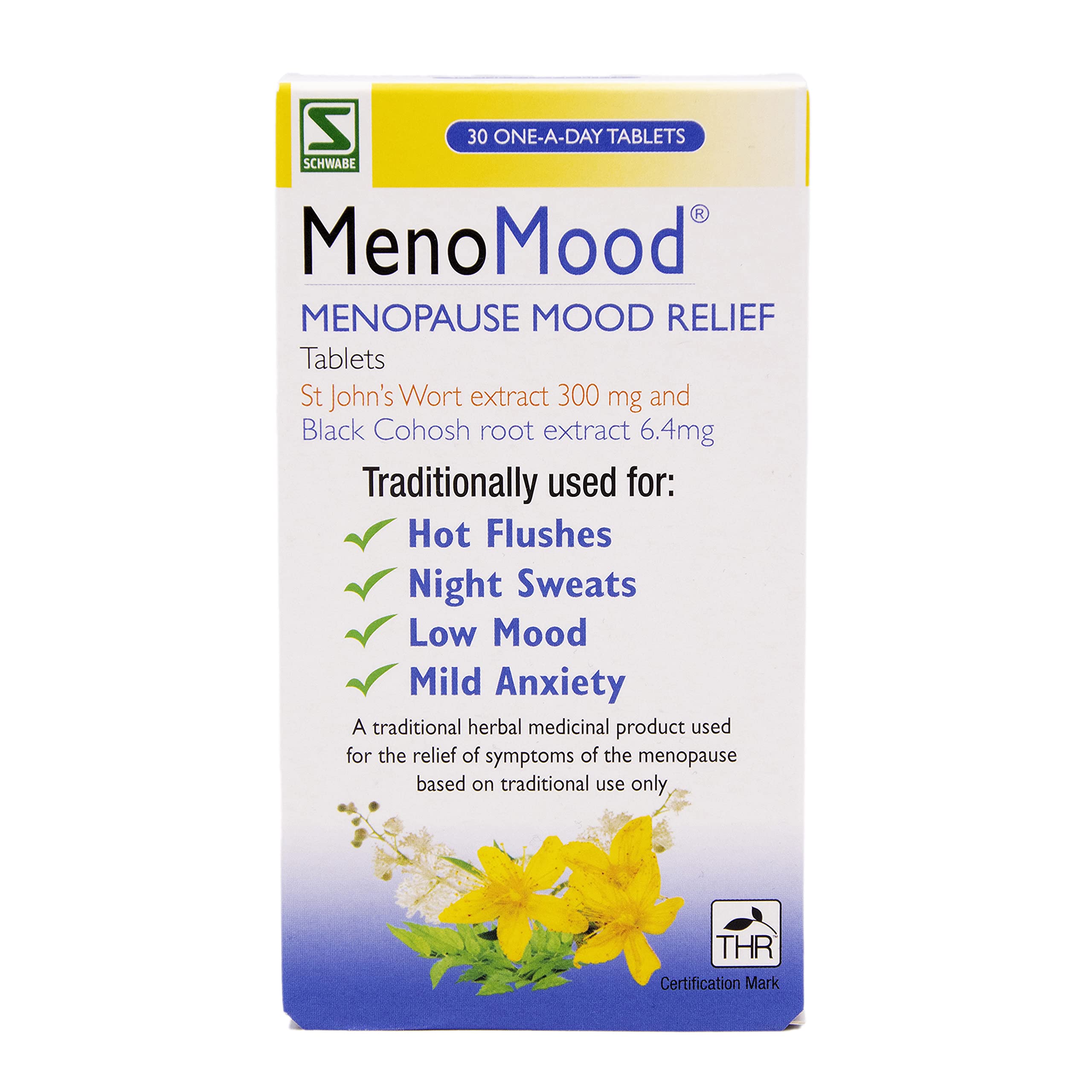 Schwabe Pharma - MenoMood - Menopause Mood Relief - St. John's Wort and Black Cohosh Extract - Traditionally Used for Hot Flushes, Night Sweats, Low Mood, Mild Anxiety - 30 Tablets