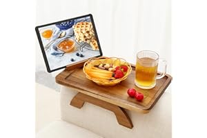 SINWANT Couch Arm Table, Acacia Wood Sofa Arm Rest Tables Couch Armrest Table with 360° Phone Holder,Portable Armrest Tray for Drink Snacks