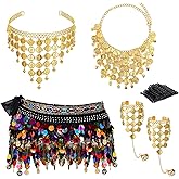 GZJINYUAN 5Pcs Gypsy Costume Set,Belly Dance Hip Scarf with Sequins,Gypsy Headpiece,Gold Coins Necklace,2 Gold Triangle Chain Bracelets,50 Bobby Pins,Belly Dancer Outfit Accessories for Women