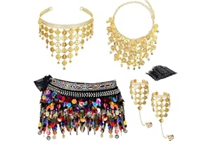 GZJINYUAN 5Pcs Gypsy Costume Set,Belly Dance Hip Scarf with Sequins,Gypsy Headpiece,Gold Coins Necklace,2 Gold Triangle Chain Bracelets,50 Bobby Pins,Belly Dancer Outfit Accessories for Women