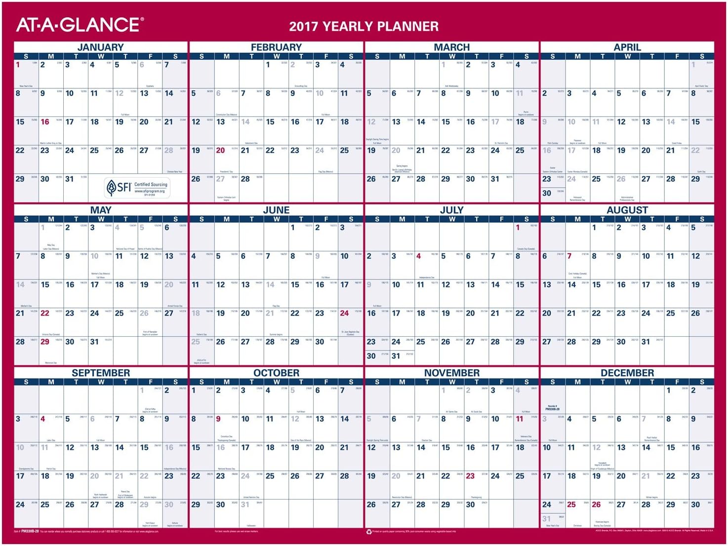 AT-A-GLANCE Wall Calendar 2017, Vertical/Horizontal, Erasable, Yearly, 2-Sided, 12 x 15-11/16" (PM330B28)