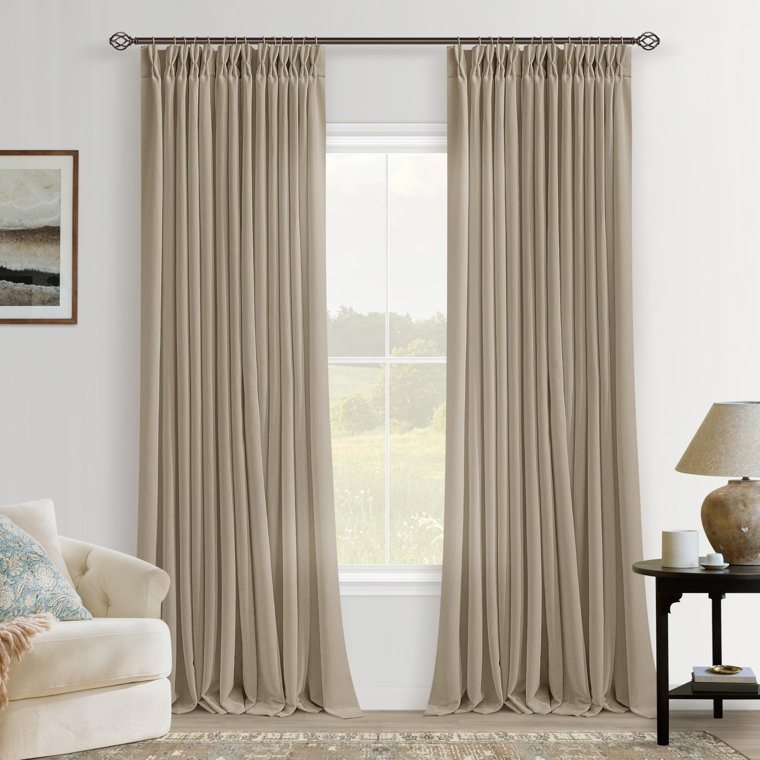 Photo 1 of Flax Linen Curtains 108 Inches Long Pinch Pleat for Living Room Dining 2 Panels Tan Khaki Greyish Brown Light Filtering Privacy 108 Inch Pleated Drapes Hooks Rings Back Tab for Sliding Door Bedroom