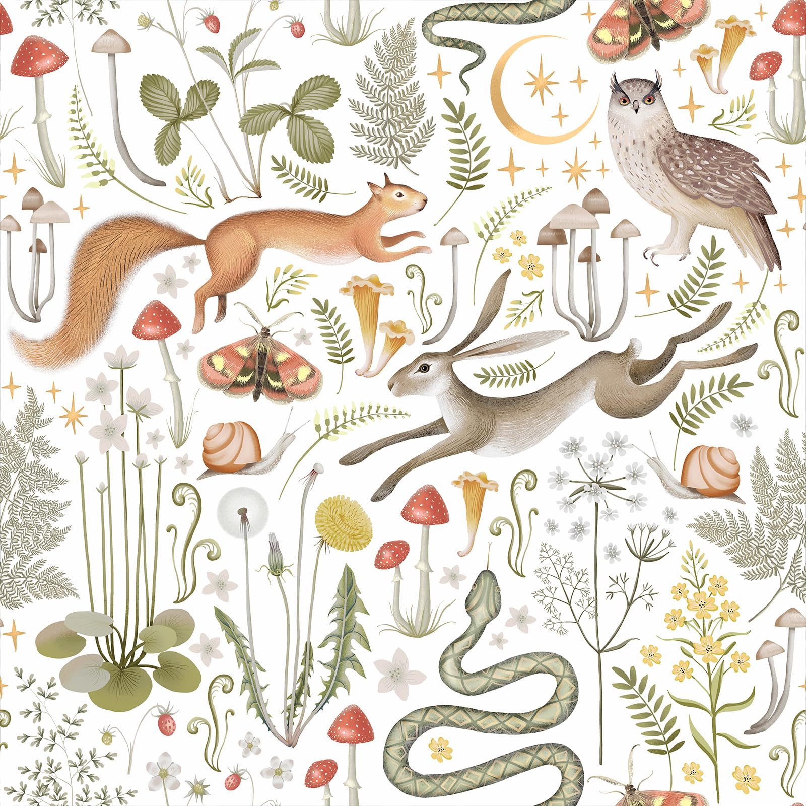 VEELIKE White Jungle Wallpaper Mushroom Tropical Floral Wallpaper for Bedroom Bathroom 44.5 cm x 300 cm Patterned Wall Mural Animal Contact Paper for Walls Nursery Sticky Back Plastic Roll Removable