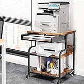 TFK 3-Tier Printer Stand with Drawer, Adjustable Shelf, Rolling Casters, 23.6 x 18.9 x 30 Inch Heavy Duty Printer Cart for Home Office, Large Printers, 3D Printers, Fax & Heat Press, Brown