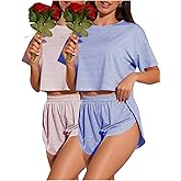 OYOANGLE Women's 2 Pack Pajama Set Striped Short Sleeve Tshirt and Split Shorts Cute Pjs Lounge Set Summer Sleepwear