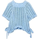 Shebote Womens Crochet Knit Sweater Vest Crop Top Cute Loose Fit Short Sleeve Side Bow Tie Hollow Out Pullover Tank Tops