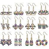12Pairs Mardi Gras Earrings for Women Girls Mardi Gras Alloy Drop Dangle Earrings Fleur De Lis Earrings Holiday Fun Earrings Carnival Earrings Gift