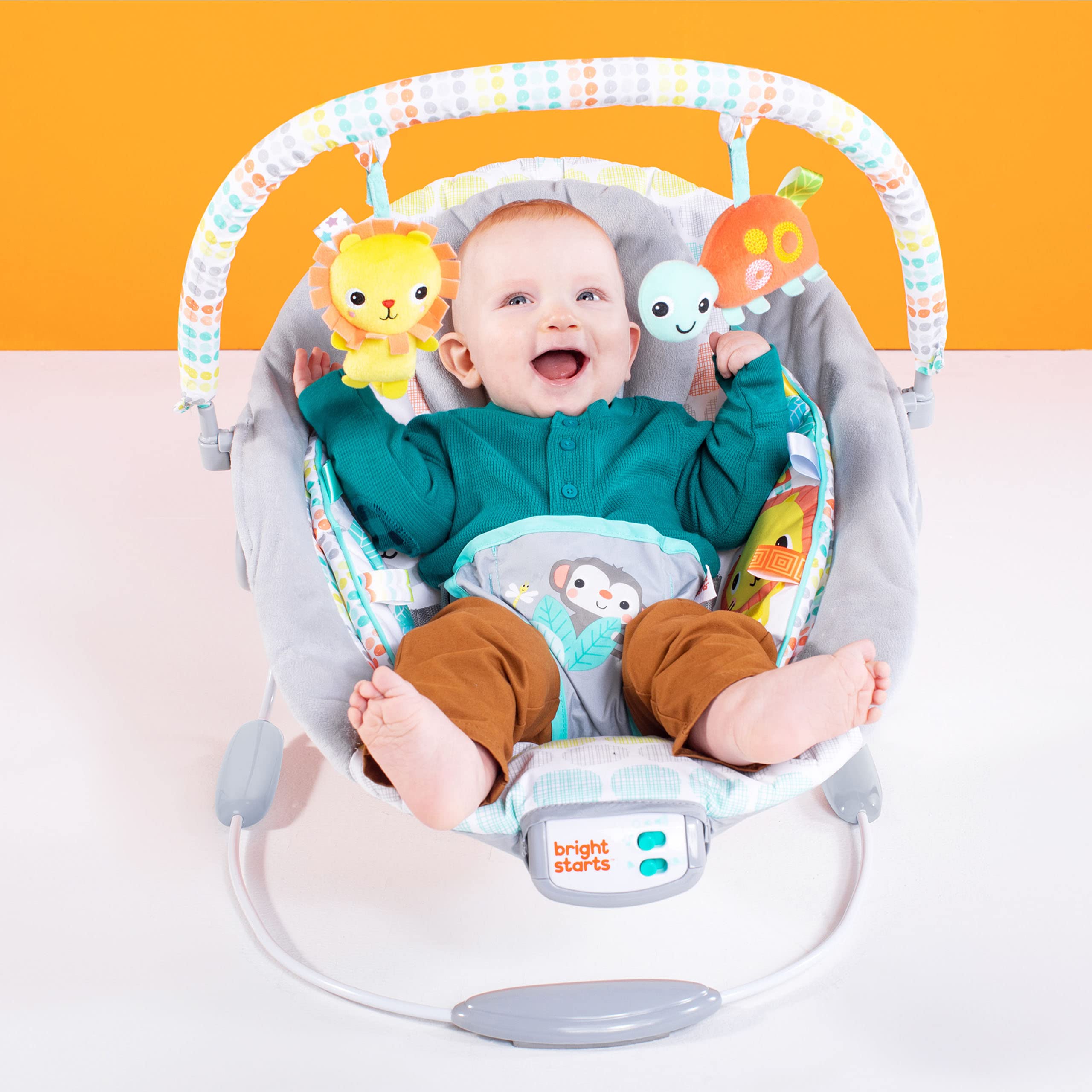 Bright Starts Comfy Baby Bouncer Soothing Vibrations Infant Seat - Taggies, Music, Removable -Toy Bar, 0-6 Months Up to 20 lbs (Whimsical Wild)