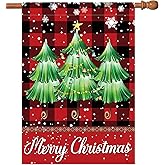 Christmas Flags 28 x 40 Double Sided for Outside, Rustic Farmhouse House Flag with Xmas Trees, Large Christmas Garden Flag for Yard Holiday Home Decorations