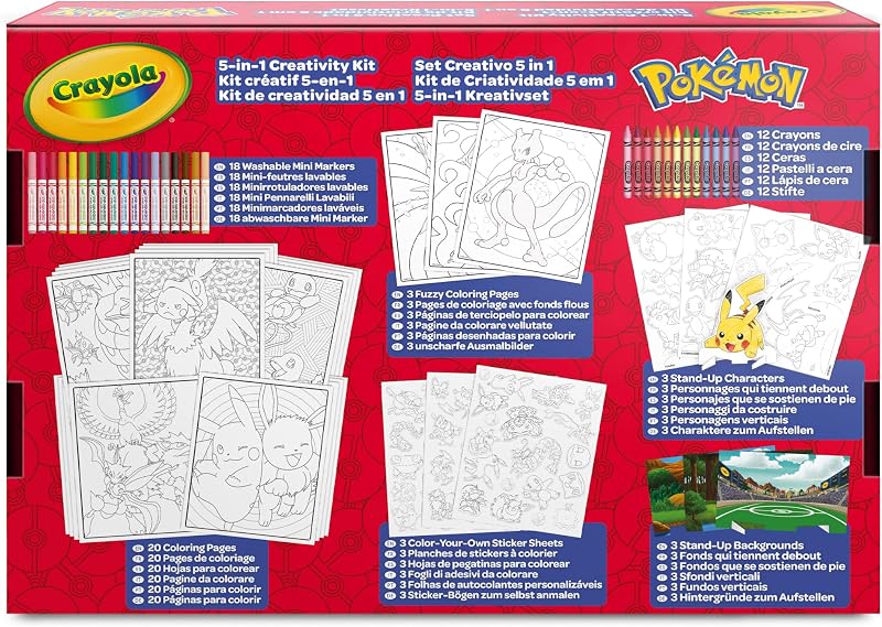 CRAYOLA - Conjunto Criativo Pokémon 5 em 1, com Páginas para Colorir, Marcadores, Lápis de Cor, Autocolantes, 60 peças, Presente para rapazes e raparigas, a partir dos 4 anos - 04-2924