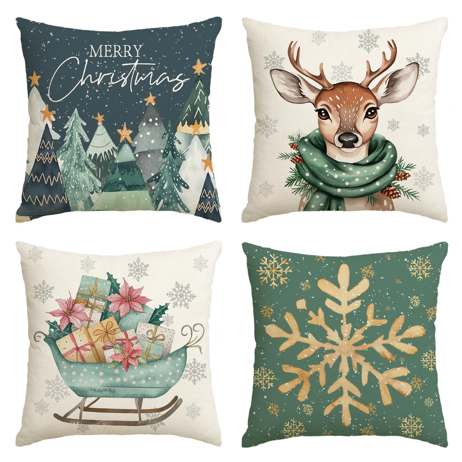 Artoid Mode Gifts Deer Trees Sleigh Snowflakes Christmas Cushion Covers Set of 4, 50x50 cm Xmas Decorative Pillow Case Cover Sofa Living Room Decor