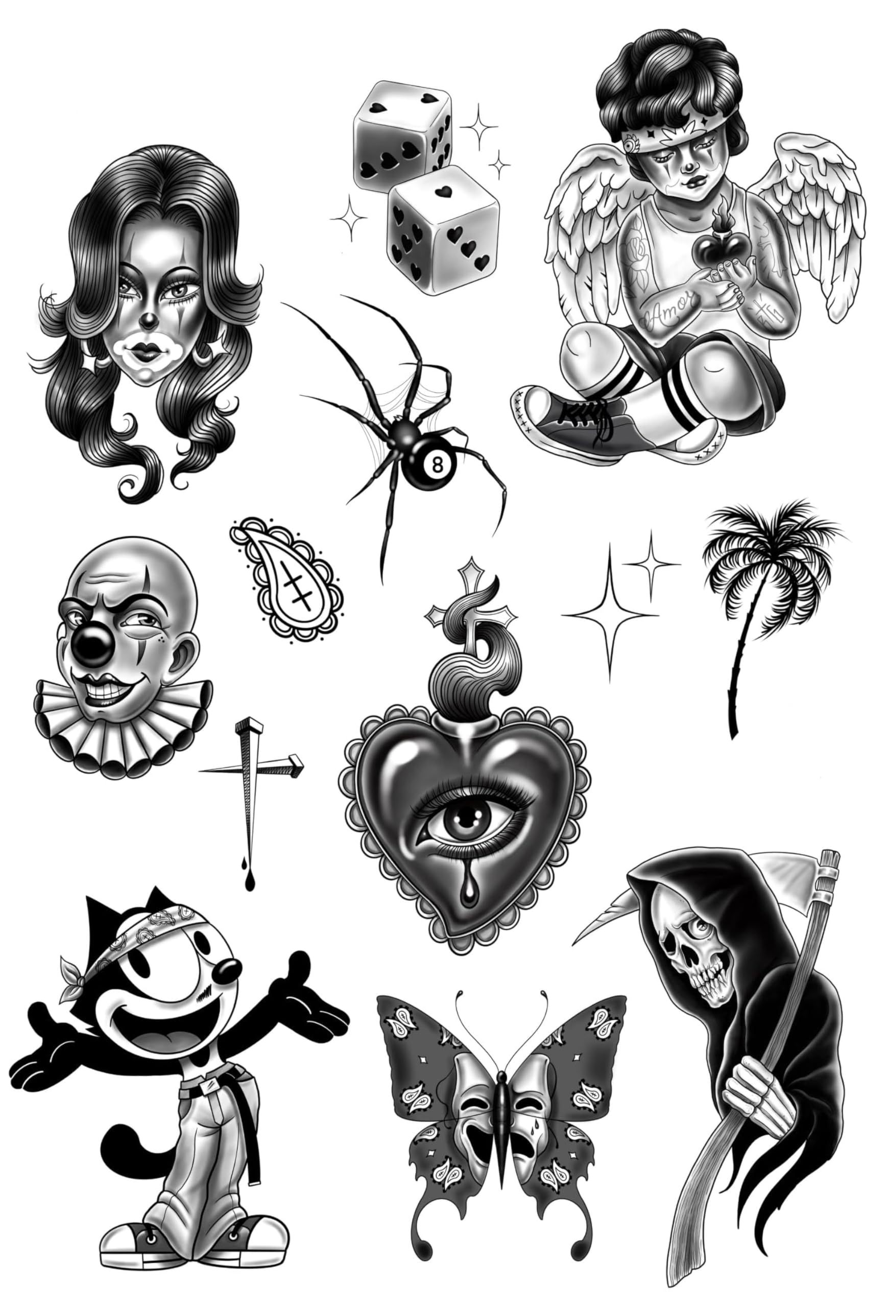 Tatsy Chicano Set, Temporary Tattoo Cover Up Sticker for Men and Women, Body Temp Fake Tattoos, Chicana, Vato, Latin, Lowrider Style Culture, Clown, Spider, Heart, Angel, Unique Realistic Designs