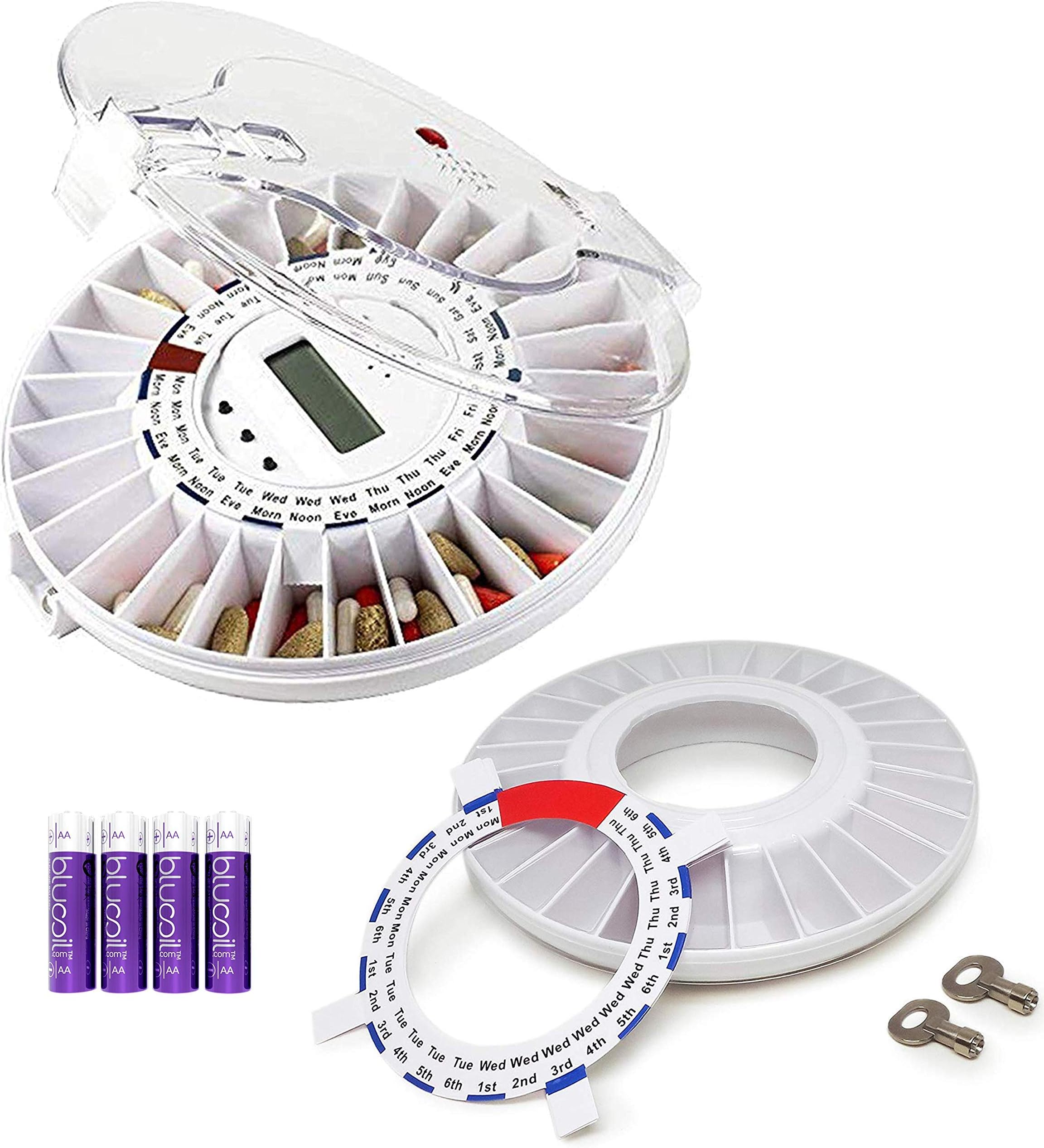 GMS Medelert 28 Day Automatic Pill Dispenser Interchangeable Clear White Lids Bundle with