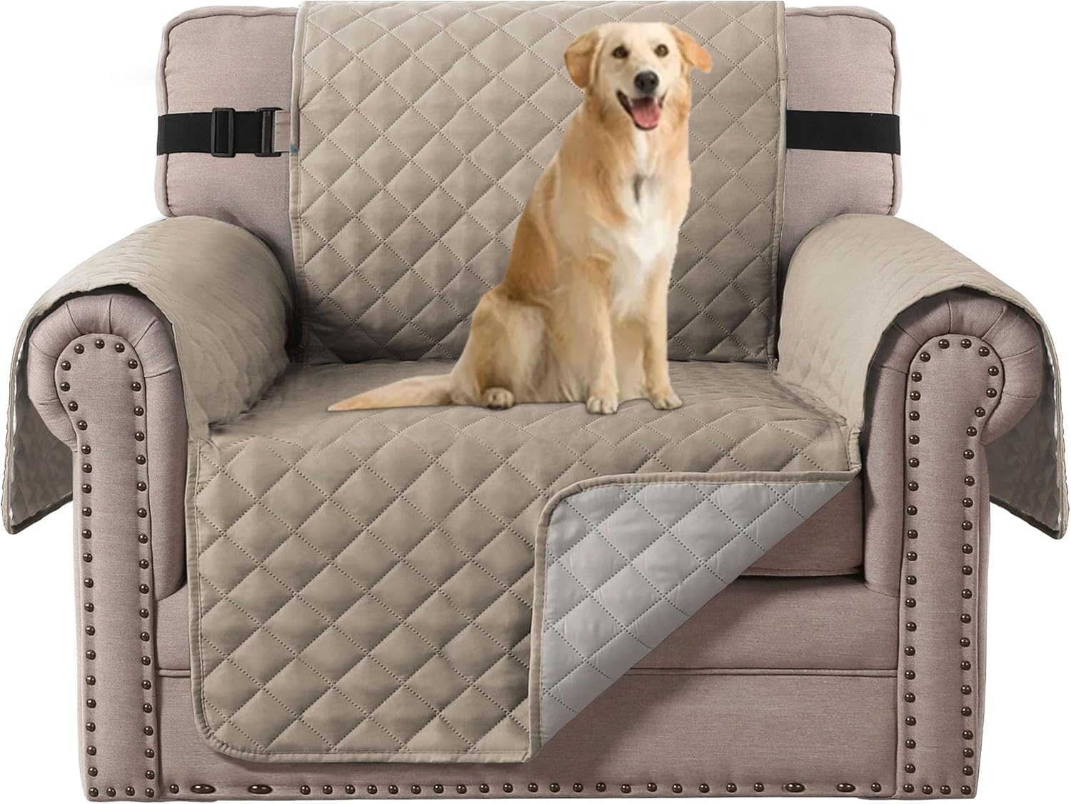 Slipcovers - H.VERSAILTEX Reversible Quilted Chair Cover Washable Couch Covers for Dogs Water Resistant Furniture Covers with Elastic Strap Pet Chair Cover for Furniture(Armchair, Khaki/Beige)