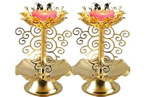 ARNUAETY 2 Pack Diwali Diyas for Pooja Purpose, Brass Lotus Ghee Lamp Holder Indian Diyas for Diwali Oil Lotus Candle Lamp Buddha for Home