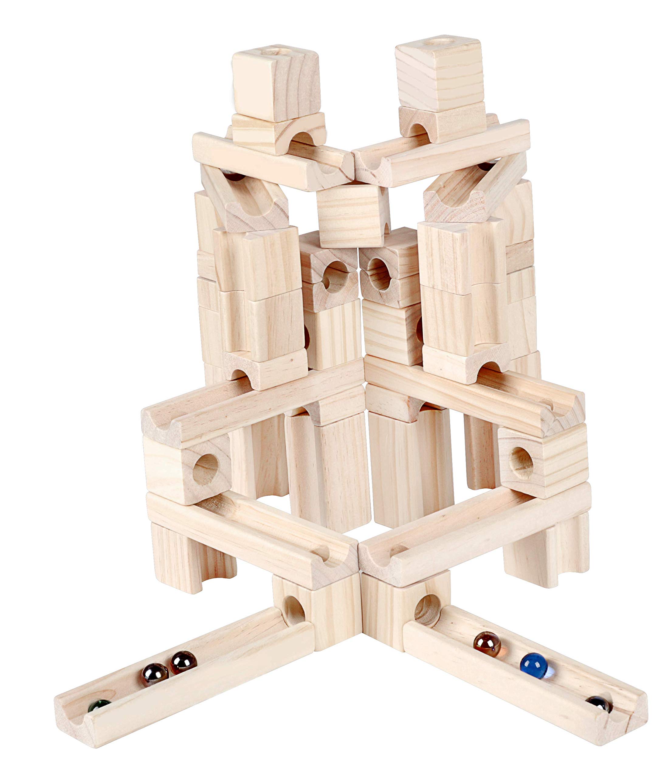 Wooden Marble Run STEM Learning Toys for Kids 4-8 | 60+ Expandable Building Blocks with Glass Marbles & Guide | Safe Birchwood Construction (ASTM Certified)