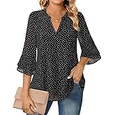 Lotusmile Womens Tops Dressy Casual 3/4 Tiered Bell Sleeve Blouses Double Layered Chiffon Work Tunic Shirts
