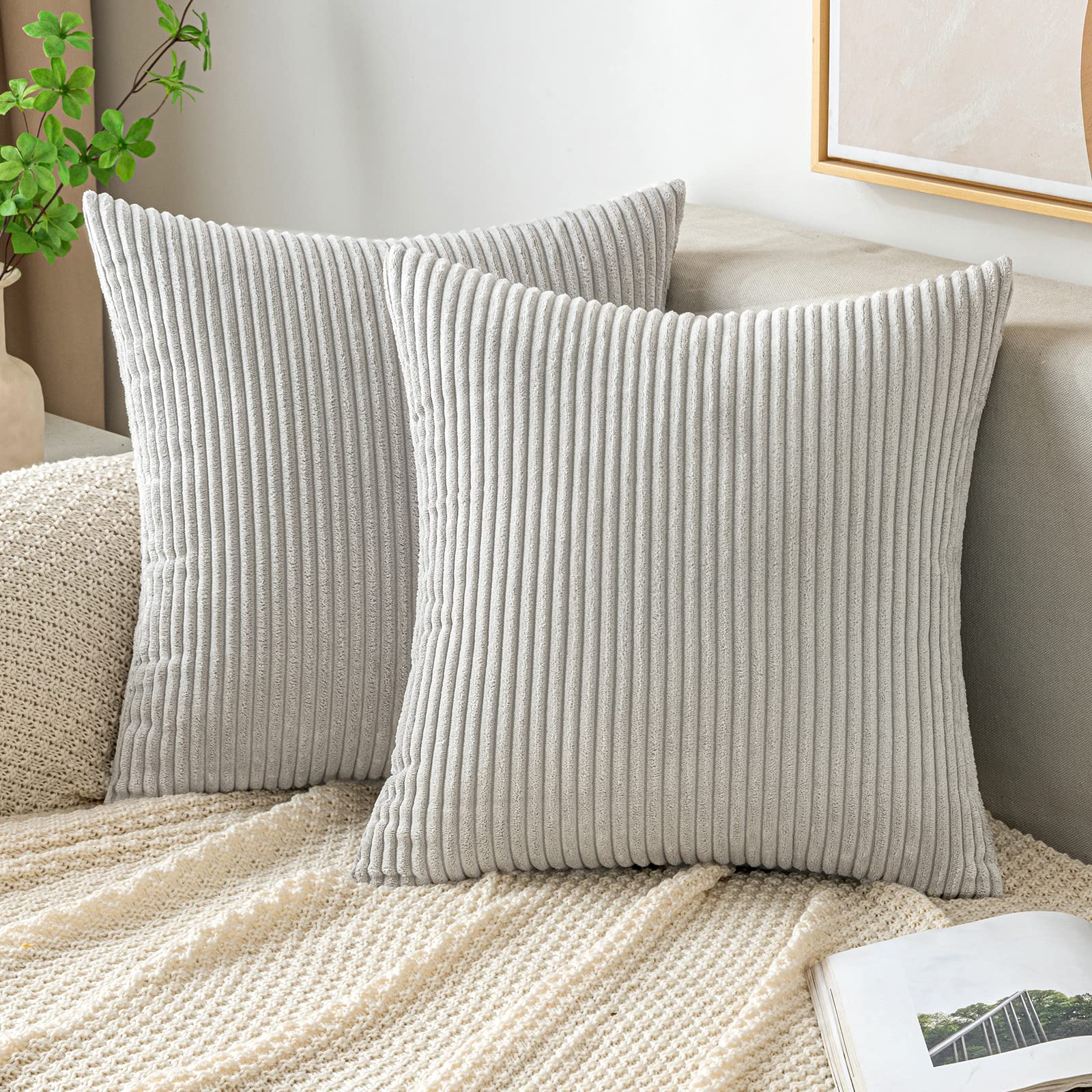 EMEMA Cushion Covers Corduroy Square Throw Pillow Covers Striped Soft Sham Home for Sofa Couch Bedroom Decorative Pillowcases 18x18 Inch 45x45cm Set of 2 Silver