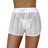 Leoparts Women's Hollow Out Cover Up Shorts High Waisted Semi Sheer Tie Front Cover Up Bottoms (Panty not Included)