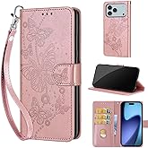Designed for iPhone 17 Pro Case Wallet,Women Flip Folio Cover with Embossed PU Leather Stand Credit Card Holders Slots Wrist Strap Phone Case for iPhone 17 Pro 6.3 inch (Rose Gold Butterfly)