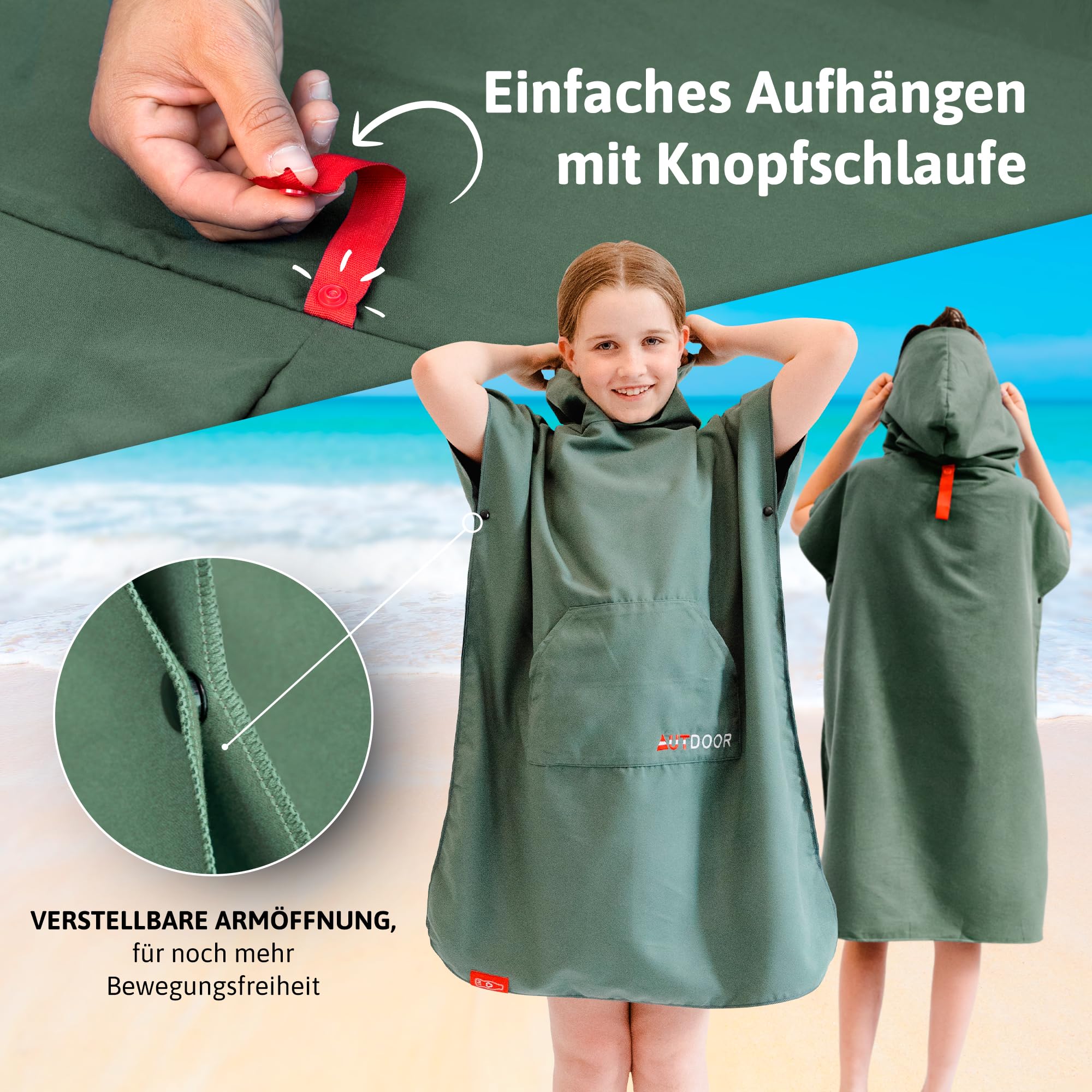 AUTDOOR® Mikrofaser Badeponcho Damen & Herren - nachhaltig aus 100% recycelten PET-Flaschen - Handtuch als Umziehhilfe für Strand und Wassersport - schnelltrocknend & kompakt (Grün, Kids) 6