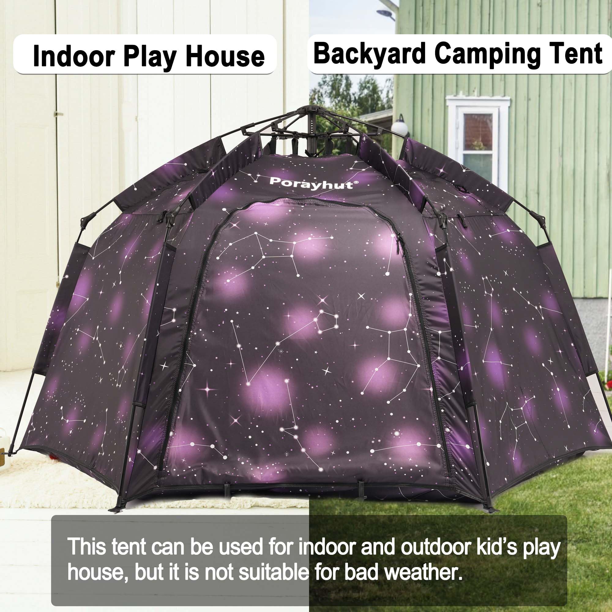 Portable Hexagon Kids Play Tent with LED Strip Lights Indoor Children Play House Easy Set-up Space Dream Tent for Night.4-5 Person Large Tents & Birthday Gifts