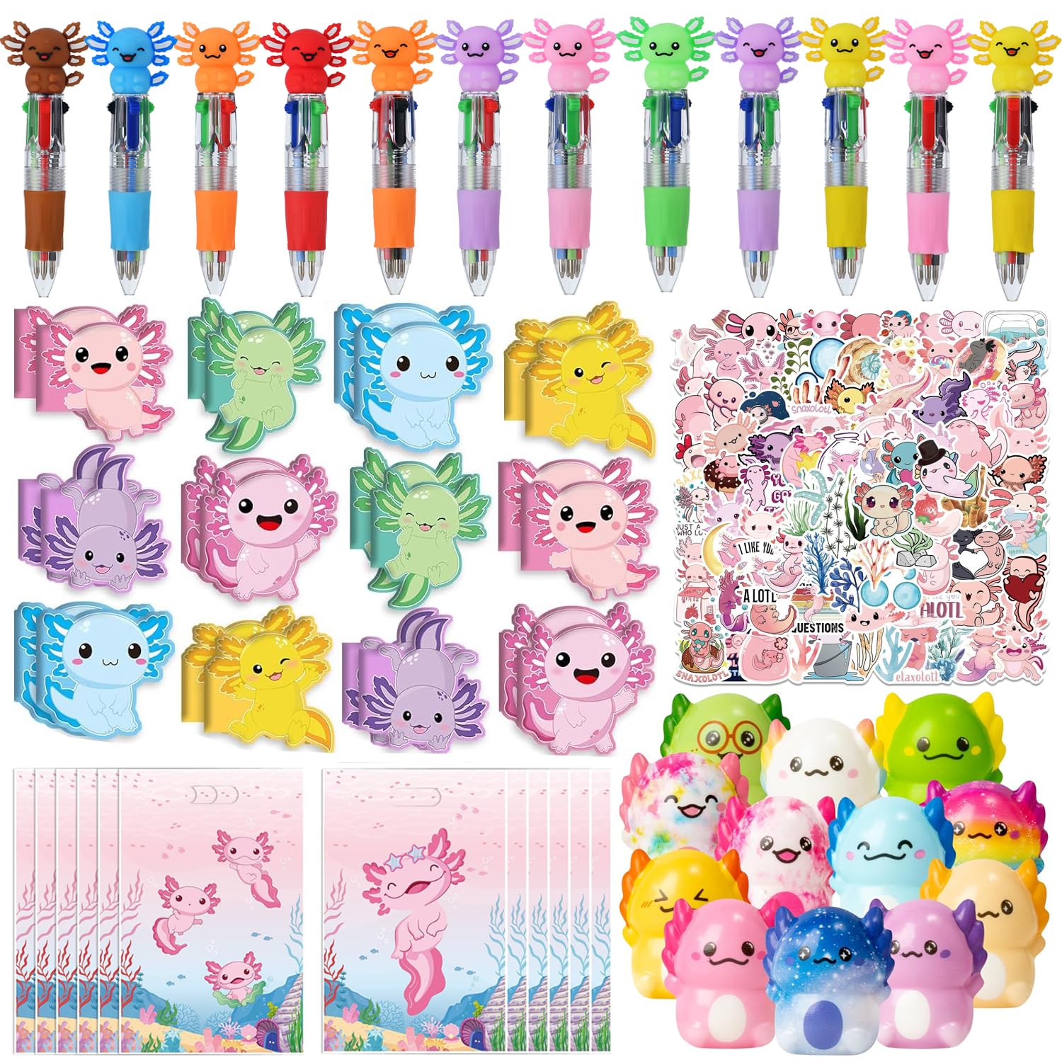 Augweyang Axolotl Stationery Party Gifts Set Ballpoint Pen Notebooks Stickers and Gift Bags for 12 Guests Goodie Bag Pinata Fillers Stuffers Birthday Party Decorations Supplies Rewards