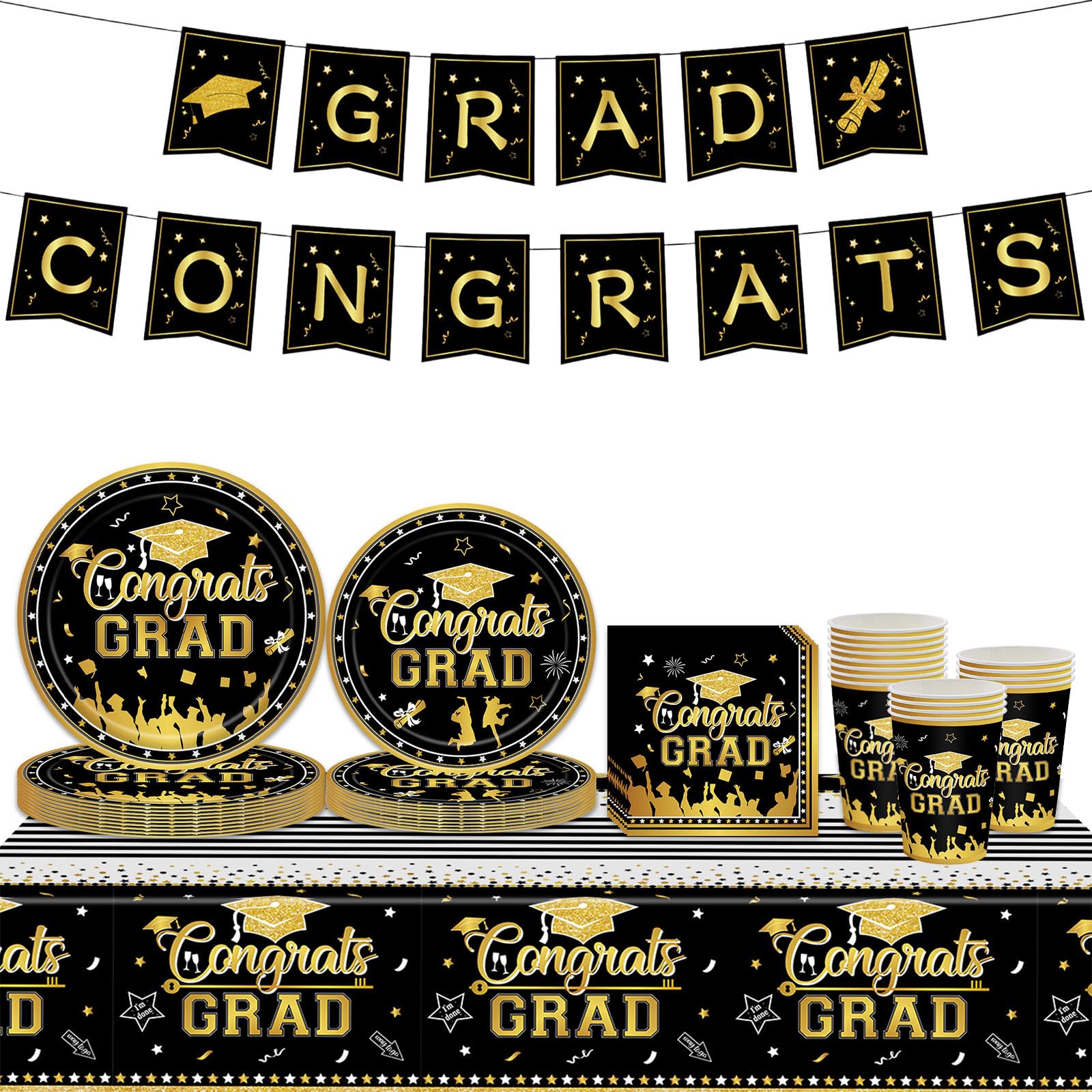 Black Gold Graduation Party Tableware Set,70pcs Graduation Dinnerware Congrats Grad College High School Class of 2025 Party Paper Plates Cups Napkins Tablecloth and Banner