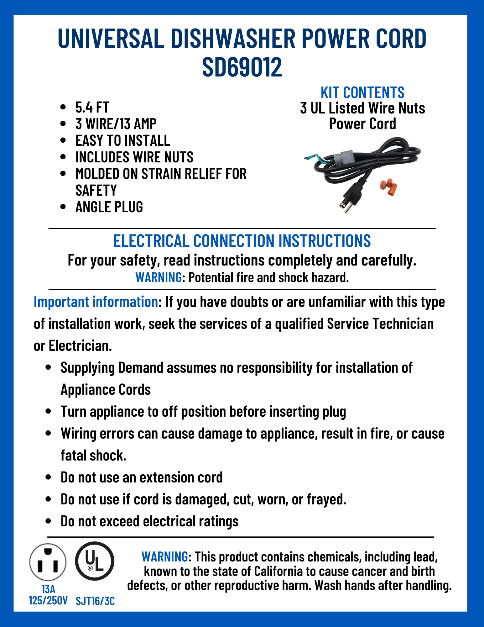 Supplying Demand 69012 WX09X70910 Dishwasher 64 Inch 3 Wire Angled Electrical Power Cord Replacement Kit