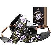 Padwa Lifestyle Purple Flower Camera Strap - 2" Double Layer Cowhide Head Camera Straps for Photographers,Adjustable Neck & Shoulder Vintage Jacquard Embroidery Flower Cotton Strap for all Cameras