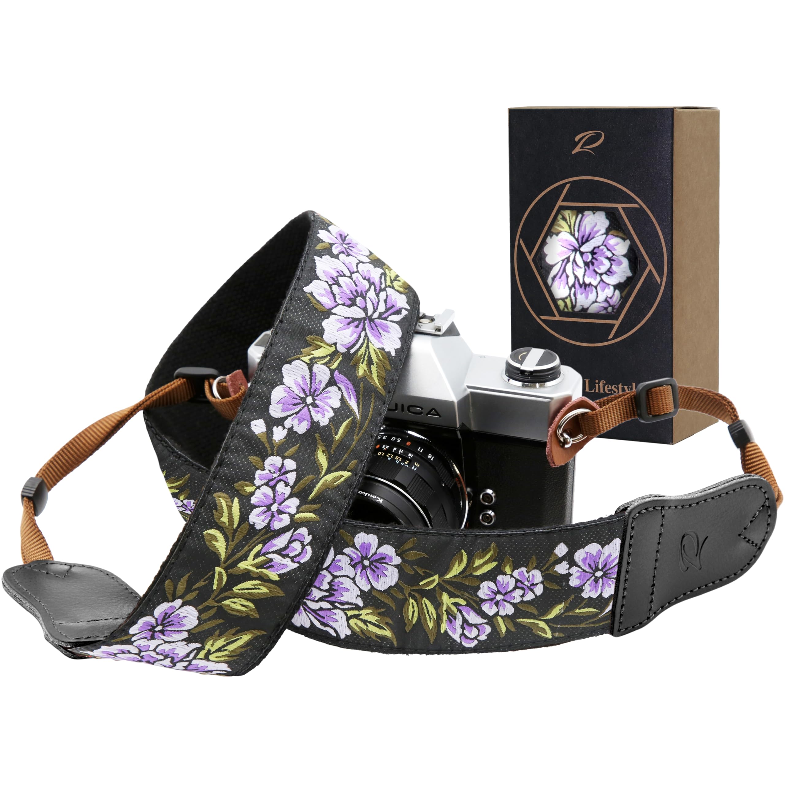 Padwa Lifestyle Camera Strap - 2" Wide Cowhide Head Cotton Camera Straps for Photographers,Vintage Universal Neck & Shoulder Camera Straps for All DSLR(Purple Flower)