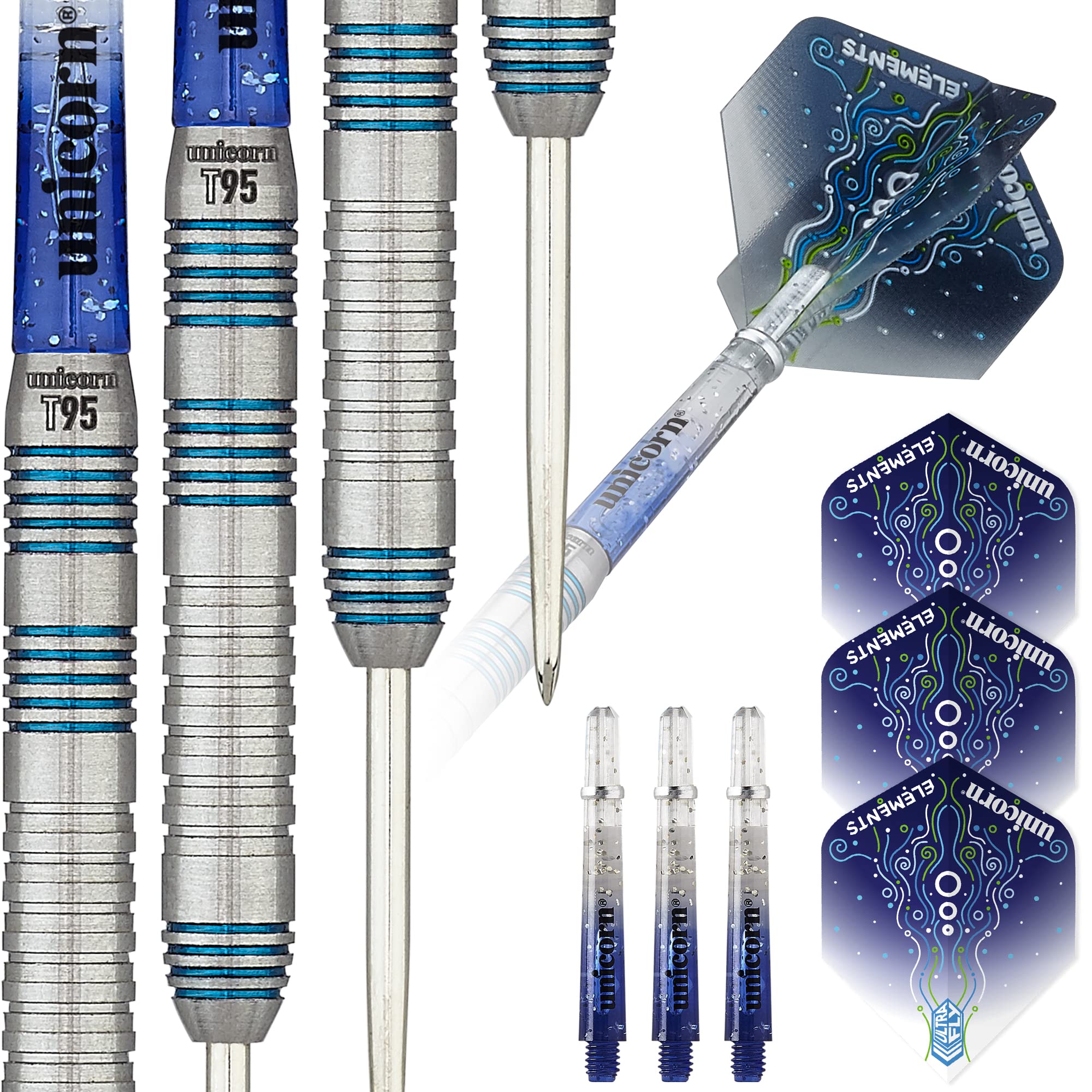 Unicorn Steel Tip Darts Set | Core T95 Series Style 2 | 95% Tungsten Barrels with Blue Accents | 23 g