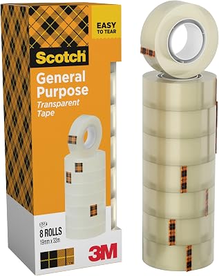 Cinta Adhesiva Transparente - 8 rollos - 19mm x 33m - Cinta Adhesiva para Uso General para el Colegio, el Hogar y la Oficina