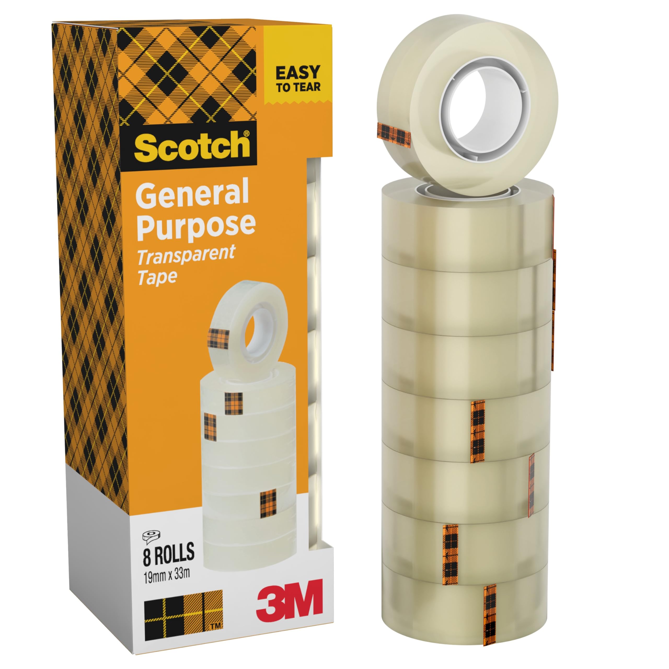 Scotch Transparent Tape, 8 Rolls (19 mm x 33 m) - General Purpose Clear Tape for School, Home and Office (Packaging may differ)
