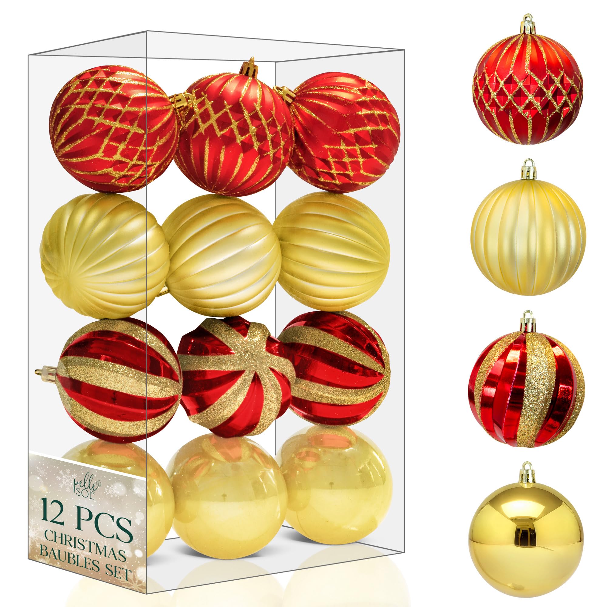 Pelle & Sol 12 Pcs Christmas Baubles Set 8cm/3.1inches - Christmas Decorations, Shatterproof Baubles for Tree Decorations, Lightweight Xmas Balls w/Easy to Hang String (Red & Gold)