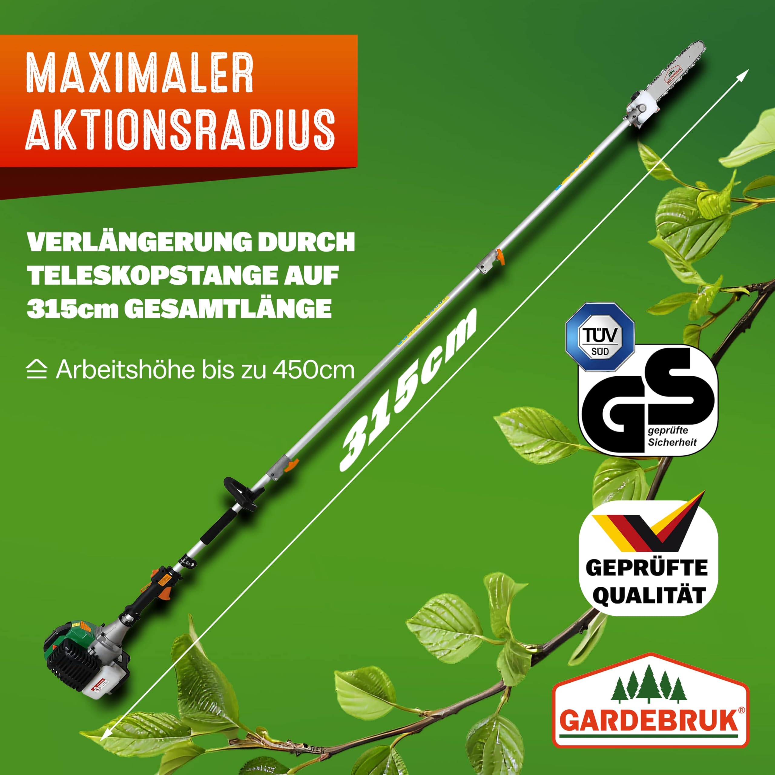 GARDEBRUK® Benzin Motorsense Freischneider 5 in 1 Heckenschere Rasentrimmer Hochentaster 2 PS Tragegurt verstellbar 1m Verlängerung 3