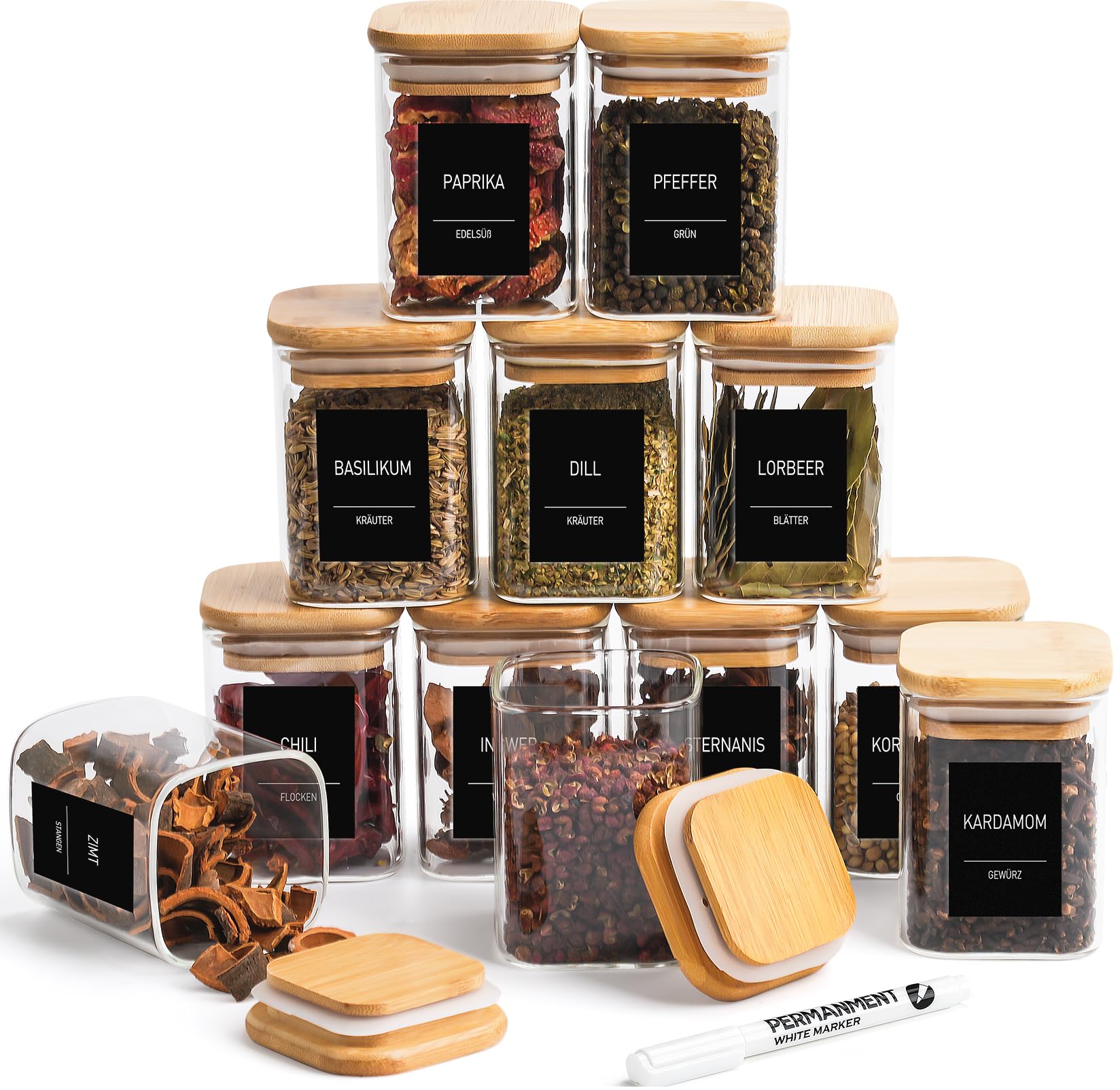 Happy Lemuro Square Spice Jars | Set of 12 | Glass Storage Jars 180ml, 279 Spice Labels, Pen, Wooden Lid. 6x6x8.5cm, 12 Spice Containers | Jars for Spice Storage