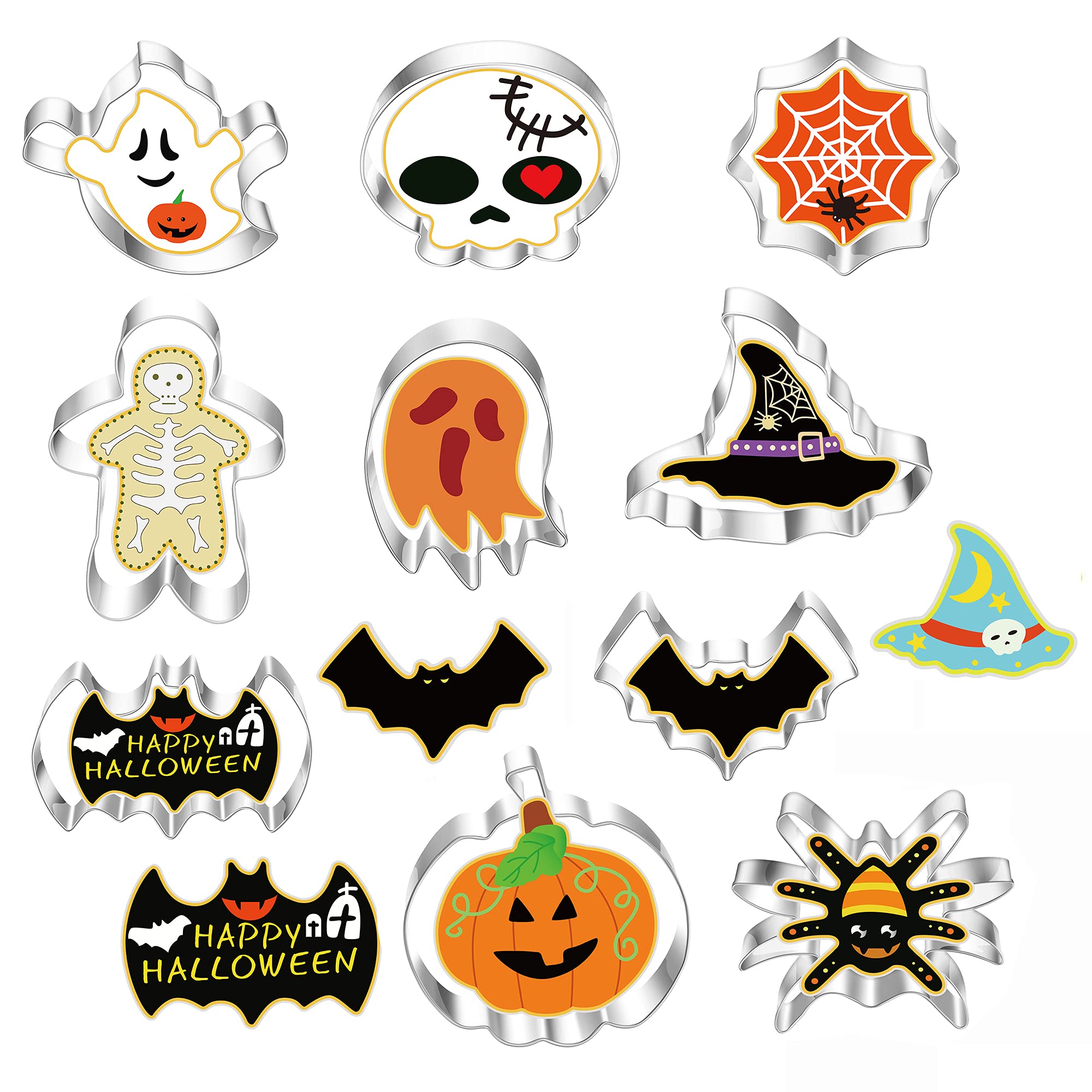 Halloween Cookie Cutters Set - 10 Pieces Stainless Ghost Cookies Cutter Shapes Biscuit Shaped Fondant Pumpkin, Bat, Witches Hat, Bone, Spider, Skull, Owl, Cobweb for Kids DIY Baking Cake Parties Gifts