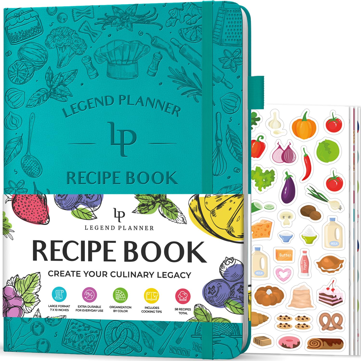 Legend Recipe Book – Blank Family Cookbook to Write In Your Own Recipes – Empty Cooking Journal – Personalized Cooking Notebook, Hardcover, Large 18x25.5cm Format, 58 Recipes Total - Turquoise