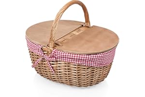 PICNIC TIME Country Picnic Basket, Sturdy Woven Wicker Basket with Customizable Split-lid Design and Removable and Washable Polycotton Vintage-Style Liner, (Red & White Gingham Pattern)