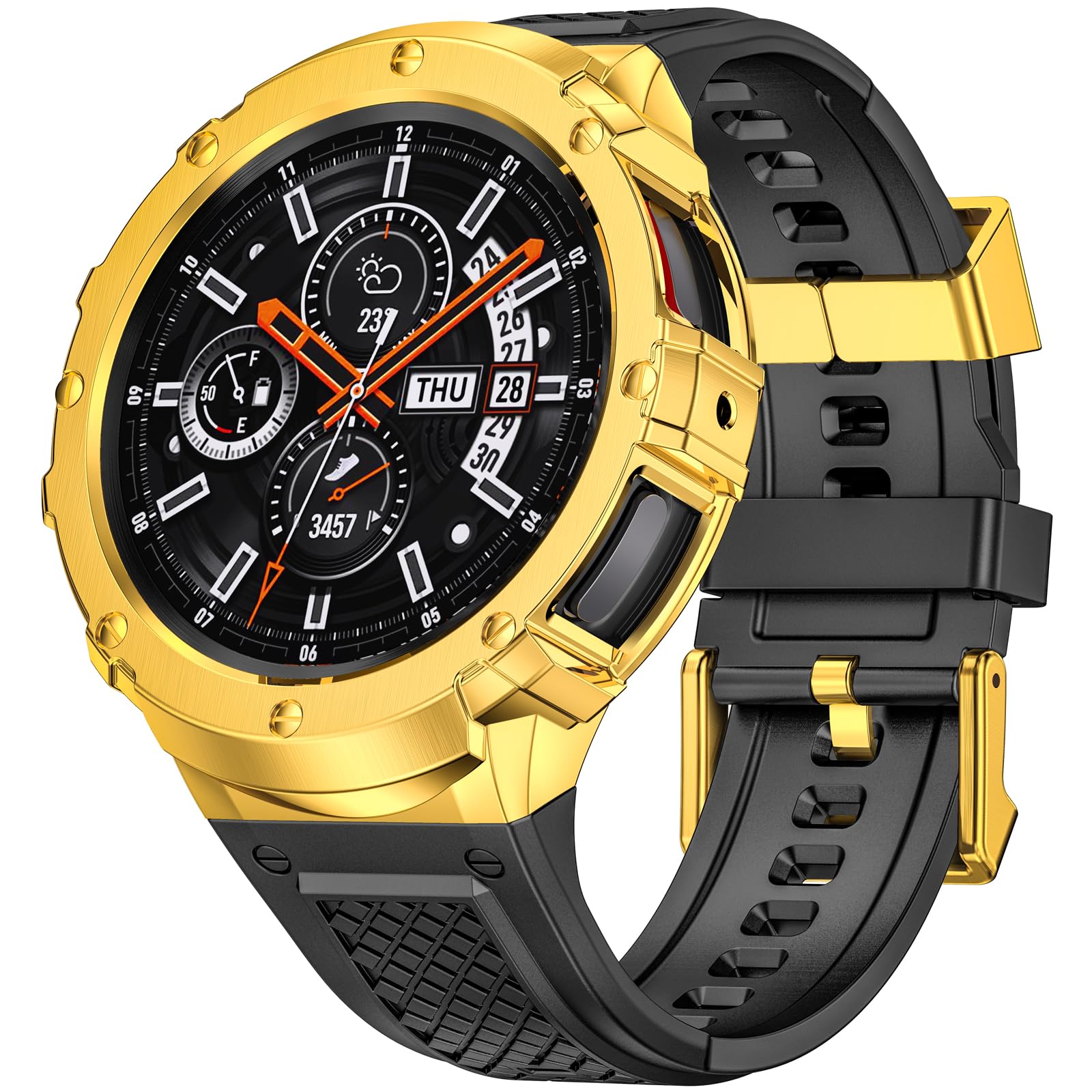 Deczone Silicone Band with Stainless Steel Case Cover Compatible with Samsung Galaxy Watch 6 44mm Bands Protective Case Cover for Men (Gold)
