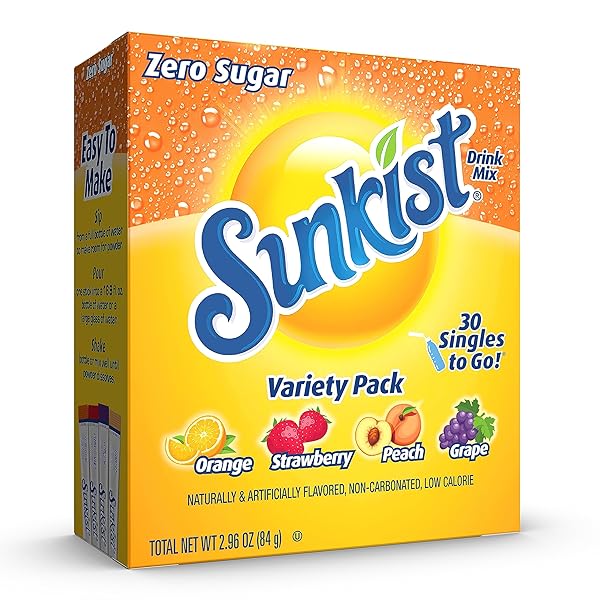 SUNKIST SODA VARIETY PACK, SINGLES TO GO ORANGE, STRAWBERRY, GRAPE AND PEACH (30 TOTAL STICKS)