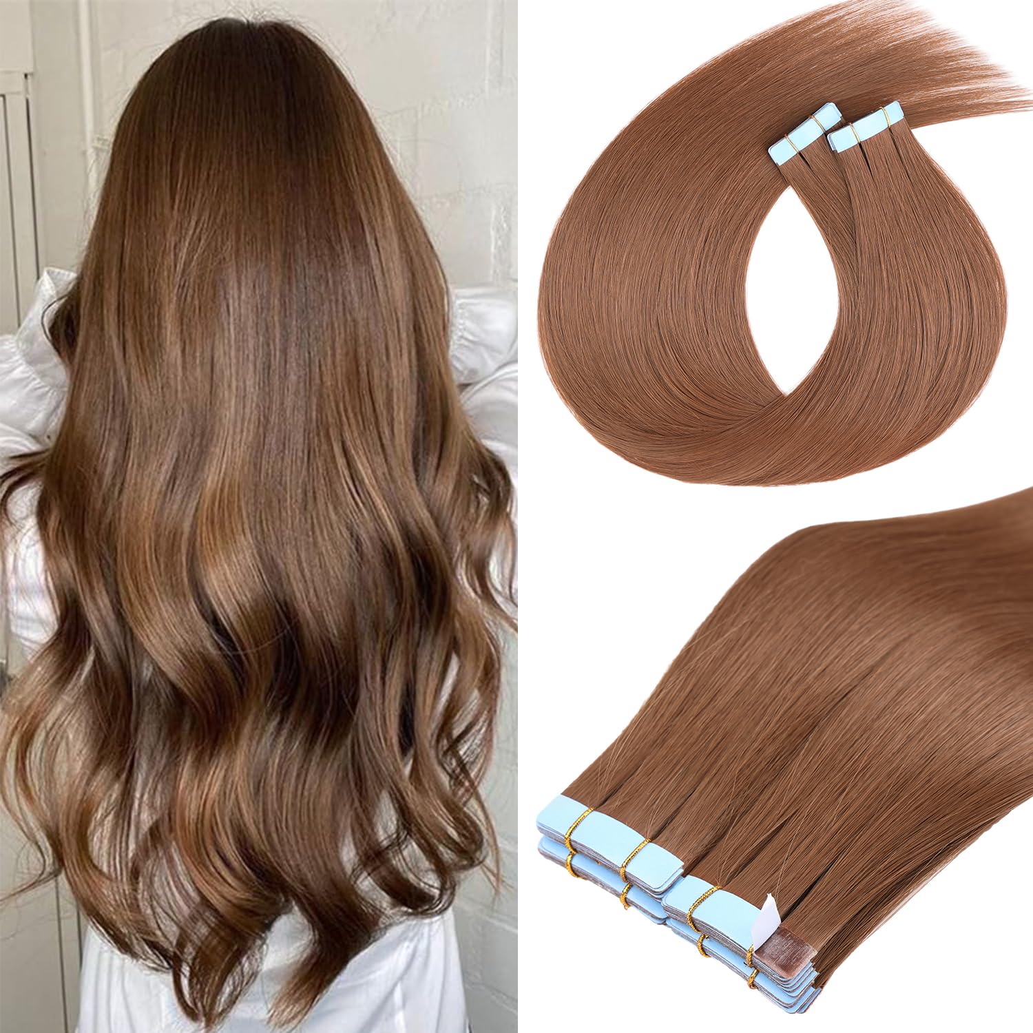 Mscat Tape in Hair Extensions 22 Inch 20Pcs 50g/pack Medium Brown Invisible Straight Hair Extensions Tape in(22Inch #30 Medium Brown) — image 1