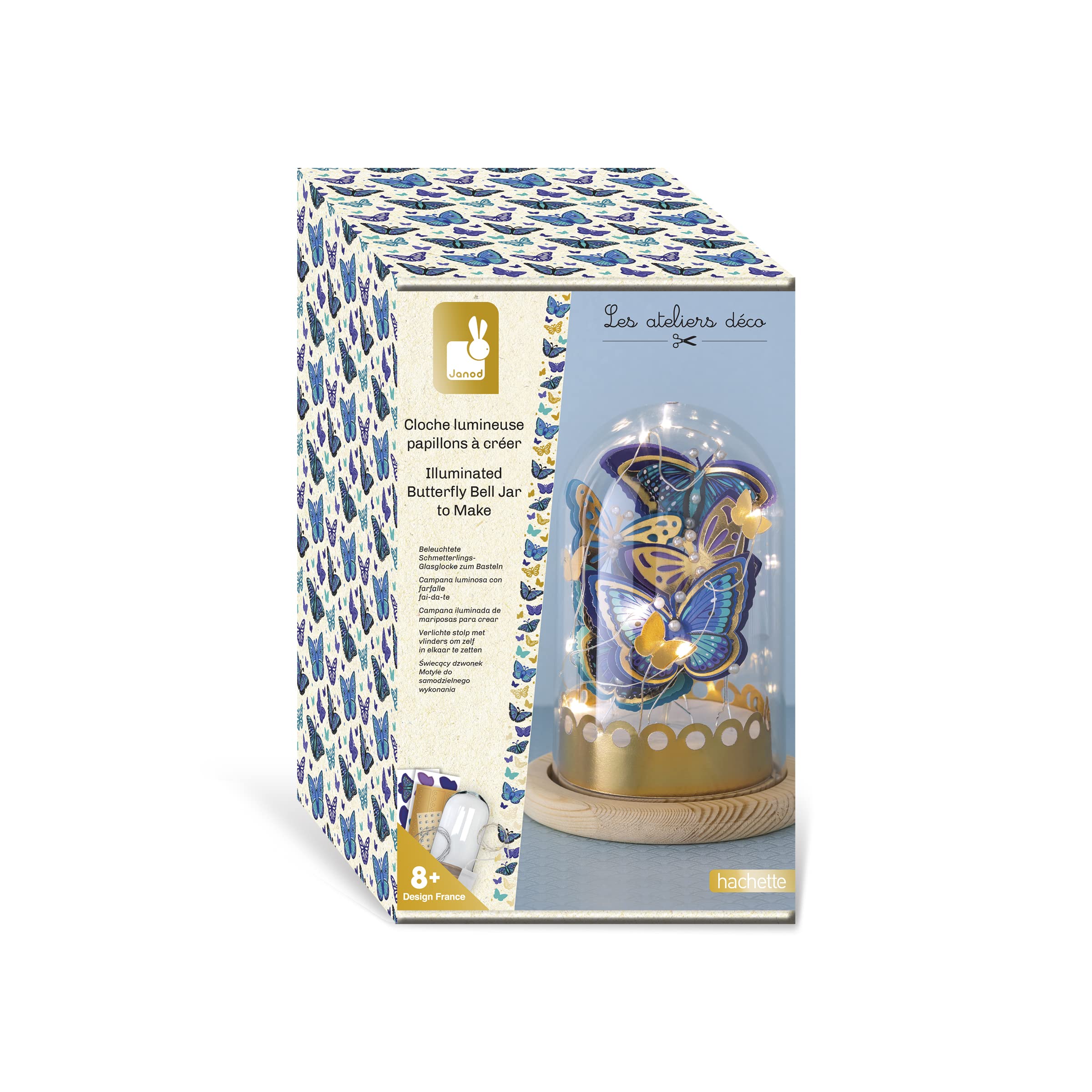 Janod - Create-Your-Own Light-Up Blue & Gold Butterfly Bell Jar - Les Ateliers Déco - Children’s Arts & Crafts Kit - Fine Motor Skills & Concentration - 8 Years +, J07878